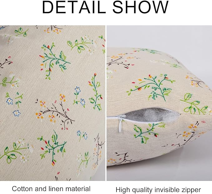 Spring Flower Lumbar Throw Pillow Cover 12x 20 Set of 2, Embroidered Branch Farmhouse Neutral Linen Pillow Cushion Cases, Decorative Pillows for Bed, Outdoor Couch Bedroom Car Green