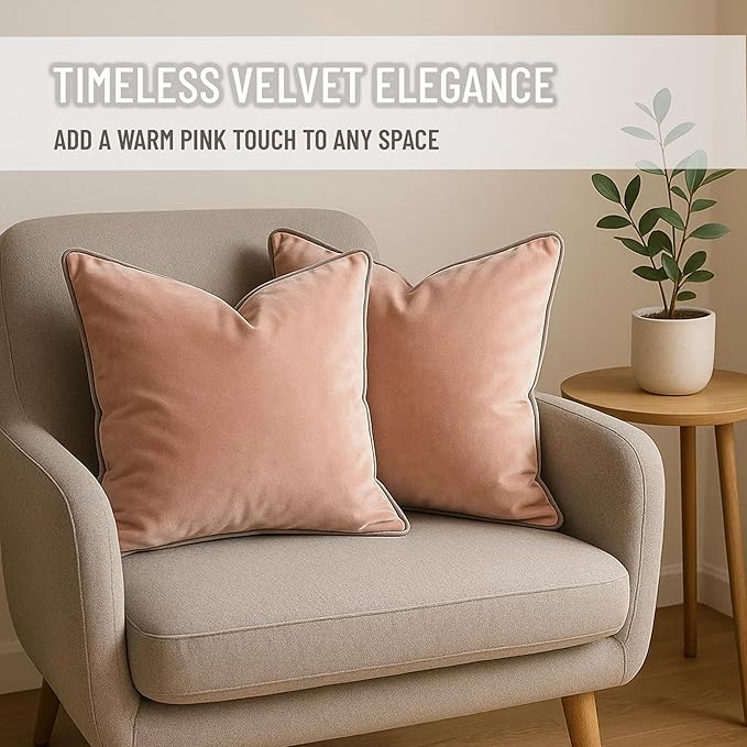 2 Pack Velvet Decorative Throw Pillow Covers, 20"x20", Pink and Grey, Solid, Modern, Contrast Piping, Indoor Use, Bedroom & Living Room