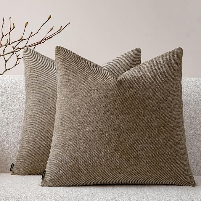 a moment Pack of 2 Decorative Chenille Throw Pillow Covers with Twill Cushion Covers for Sofa Living Room Couch Bed 22x22 Inch Dark Brown