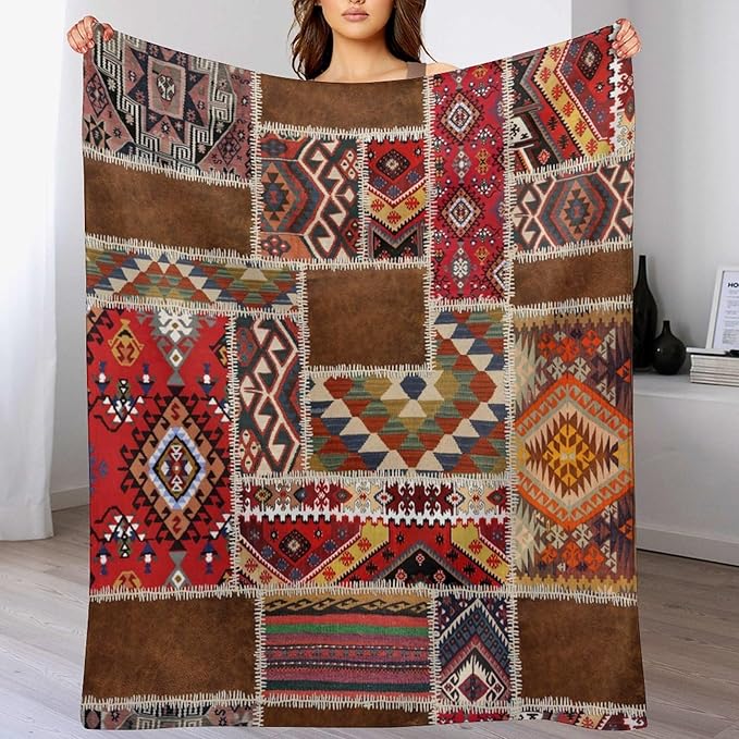 Southwest Aztec Throw Blanket, Native Bohemian Retro Patchwork Traditional Geometric Soft Flannel Blanket Warm Blankets for All Seasons, Bed Couch Sofa 50"x60"
