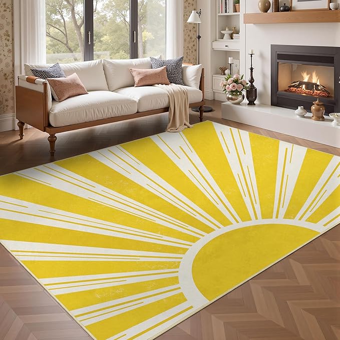 Outdoor Indoor Area Rug Boho Sun Washable Outdoor Patio Rugs Medieval Aesthetic Vintage Abstract Art Non-Slip Carpet for Living Room, Patio, Porch, Pool Deck (5x8)