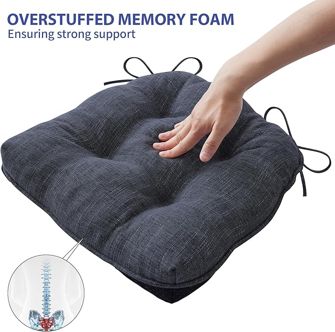 Chair Cushions for Dining Chairs Set of 2, Kitchen Chair Cushions, Chair Pads with Ties and Non Slip Backing, Tufted Memory Foam Seat Cushion 2 Pack, 15.5" x 15.5" x 4", Navy Blue