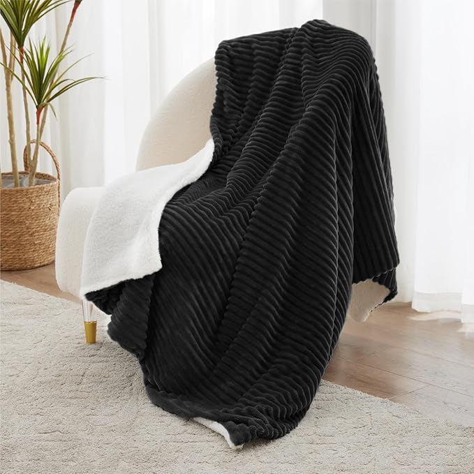 Sherpa Throw Blanket for Couch - Soft Cozy Fleece, Warm for Winter, Reversible for Sofa, 50 x 60 Inches, Black