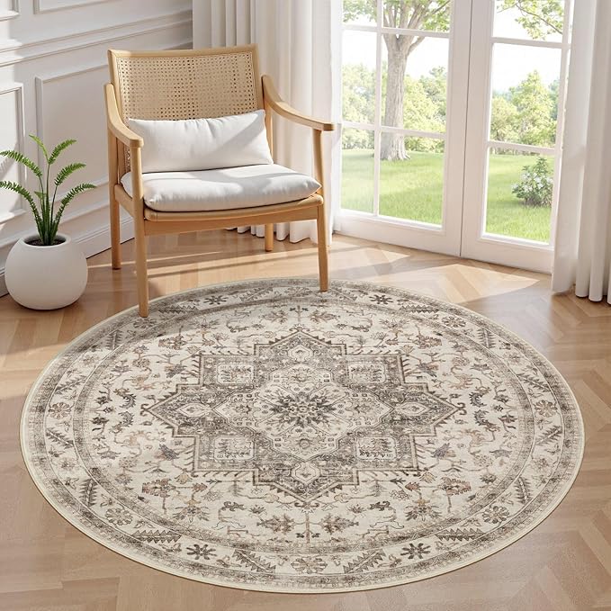 5ft Round Vintage Living Room Area Rug - 5x5 Large Soft Washable Oriental Traditional Distressed Farmhouse Rugs for Bedroom - Indoor Floor Accent Carpet for Home Office House Decor - Light Brown
