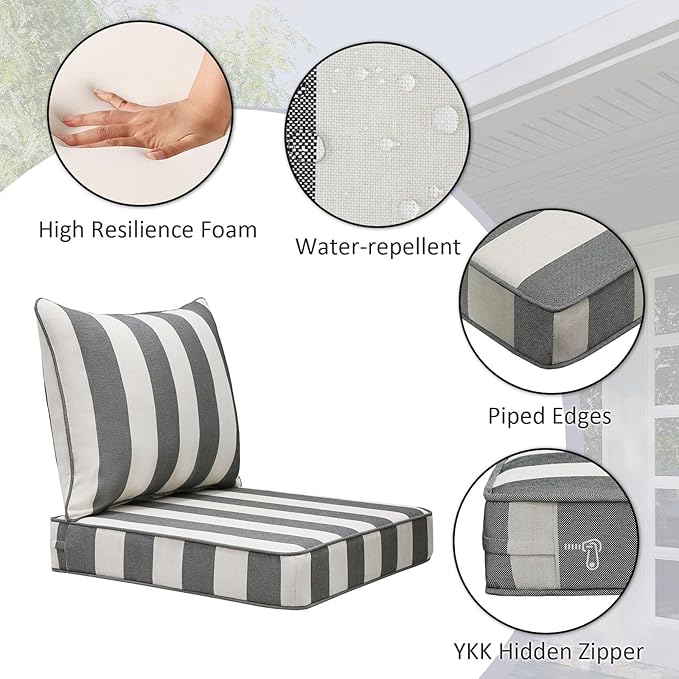 Outdoor Patio Chair Cushions Set, 22" x 22", Set of 2, Water-Repellent, Fade Resistant, Deep Seat Bottom and Back Cushion for Backyard, Couch, Sofa and Patio Furniture, Gray Stripe