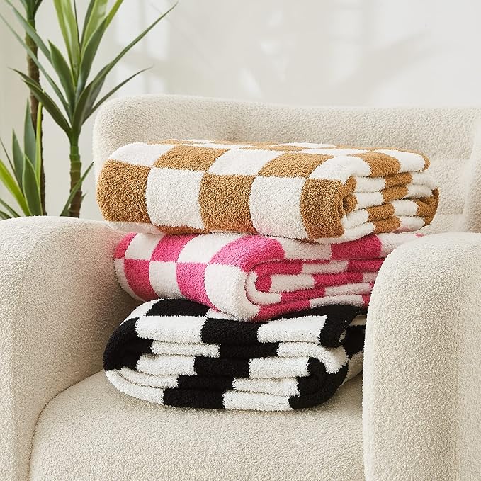 WRENSONGE Fall Checkered Throw Blanket, Burnt Orange Soft Cozy Fluffy Warm Hand Made Throw Blankets for Couch, Sofa, Chair, Bed, Camping, Picnic, Travel Lightweight Bed Blanket - 50"*70"