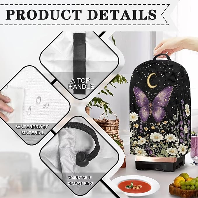 Butterfly Moon Floral Blender Cover Dust Cover Delicate Appliance Dust Cover for Small Food Processor Coffee Maker Juice Maker Purple Butterfly