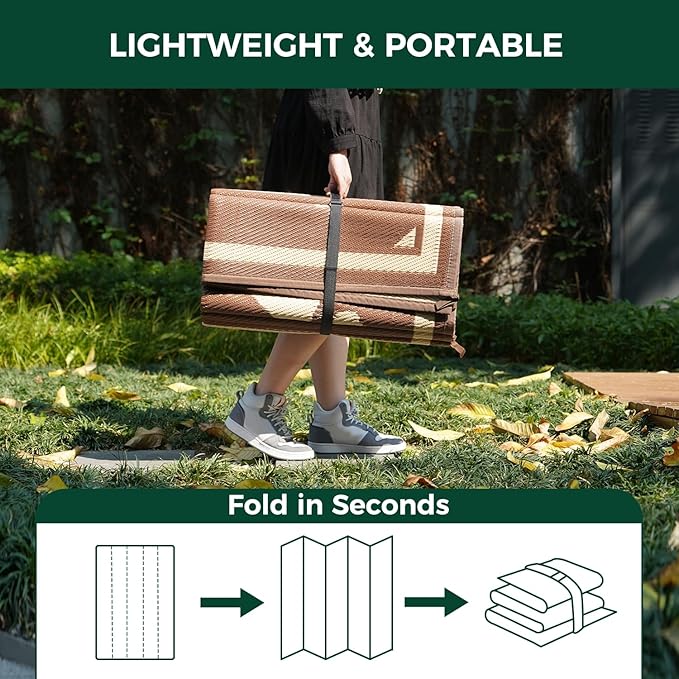 FXW Camping Rug, 8' x 10' Large Waterproof Portable RV Mat, Easy-to-Clean Straw Plastic Mat for Outdoor, Patio, Backyard, Deck, Picnic, Beach, Trailer, Brown & Beige