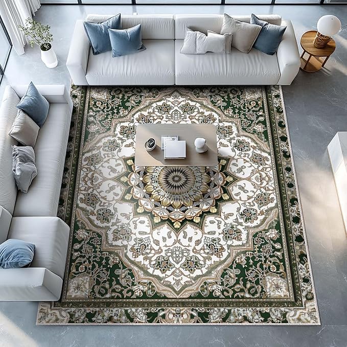 8x10 Traditional Oriental Area Rug White Dark Green Rug Non Slip Low Pile Large Carpet for Home Kitchen Living Room Bedroom Dining Room Office