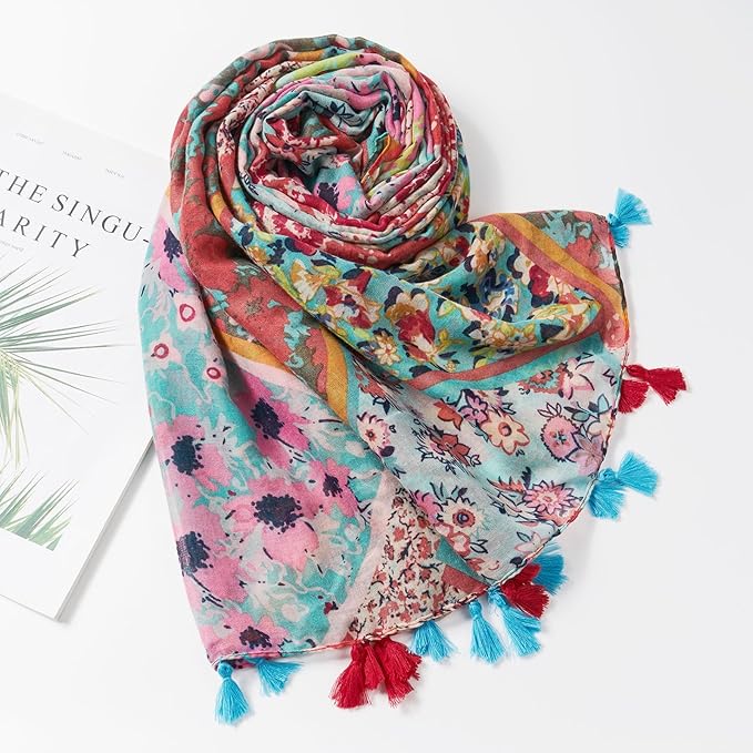 Scarf for Women Lightweight Soft Floral Leopard Printed Scarves Fall Winter Fashion Shawl Wrap with Fringe