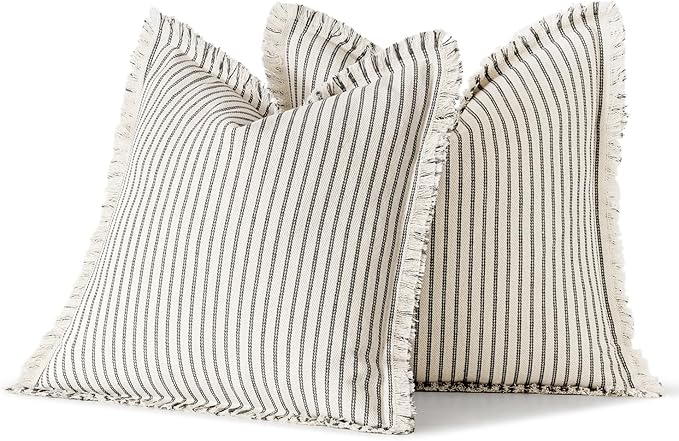 MIULEE Pack of 2 Gray Pillow Covers 24x24 Inch Striped Farmhouse Couch Throw Pillow Covers with Fringe Chic Linen Decorative Cushion Eruo Sham for Sofa Living Room Bed Outdoor Home Decor