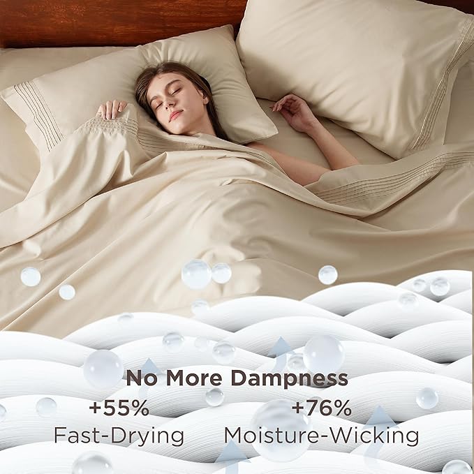 Bedsure Deep Pocket Queen Sheets Set - Fits Mattresses Up to 21 Inches Thick - 4 Piece GentleSoft Bed Sheets, Moisture Wicking, Soft & Cooling Bedsheet & Pillowcases, Easy & Secure Fit, Beige