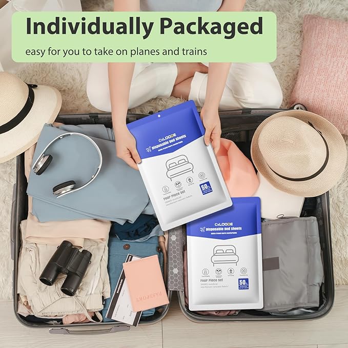 2 Pack Disposable Bed Sheets for Hotel, Portable Bedspread, Disposable Bedding Set with 2 Bed Sheet 2 Quilt Cover and 4 Pillowcase for Travel