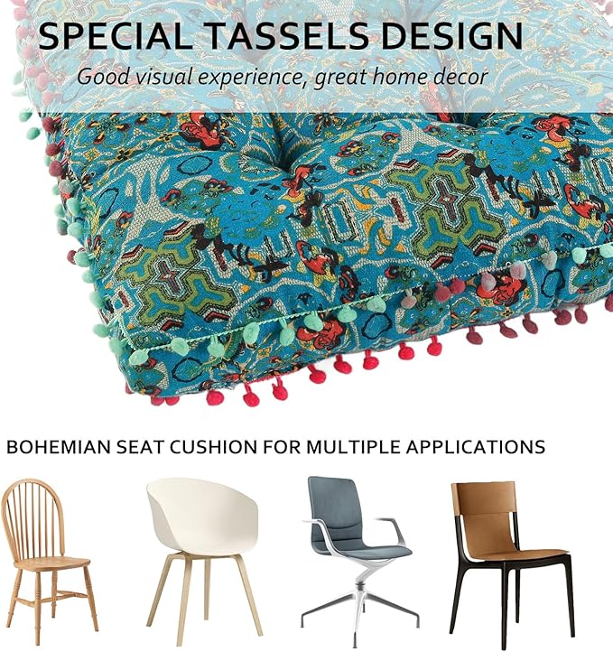 Bohemian Seat Cushion，Indoor & Outdoor 16.5" x 16.5" Seating Cushion for Dinning Chairs, Decorative with Tassels(4Pcs, Green)