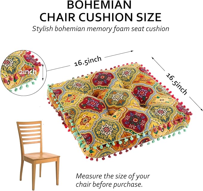 Bohemian Seat Cushion，Indoor & Outdoor 16.5" x 16.5" Seating Cushion for Dinning Chairs, Decorative with Tassels(4Pcs, Yellow)