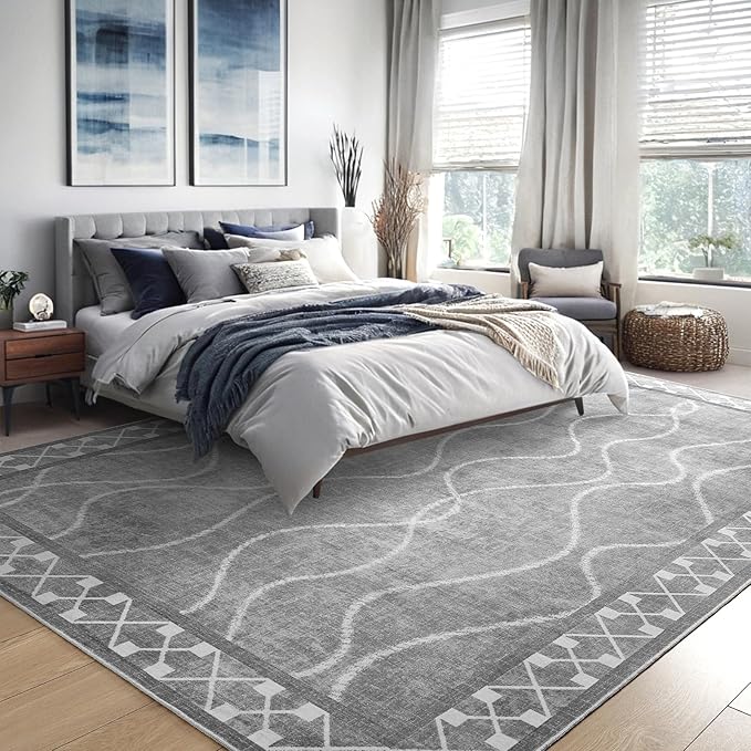 Area Rugs 6x9 Washable Rug, Non-Slip Rugs for Living Room, Low Pile Bordered Rugs Alfombras, Large Print Rubber Backing Indoor Carpet for Home Decor Bedroom Nursery Dining Room, Light Grey