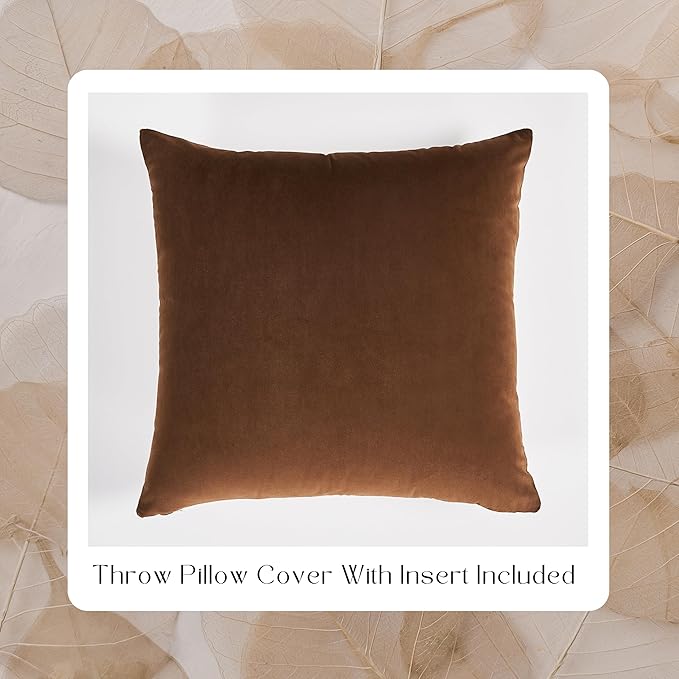 Solid Color Velvet Throw Pillow with Insert Included (Brown, 24"x24"), Decorative Pillow for Sofa, Couch, Bed, Chair Cushion