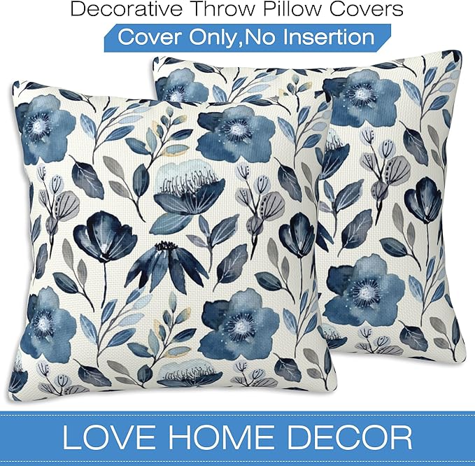 Throw Pillow Covers Blue Floral Pillow Covers 20x20 Inch Set of 2 Throw Pillows Decorative Pillow Cases Cushion Covers for Bedroom Livingroom Sofa Farm House