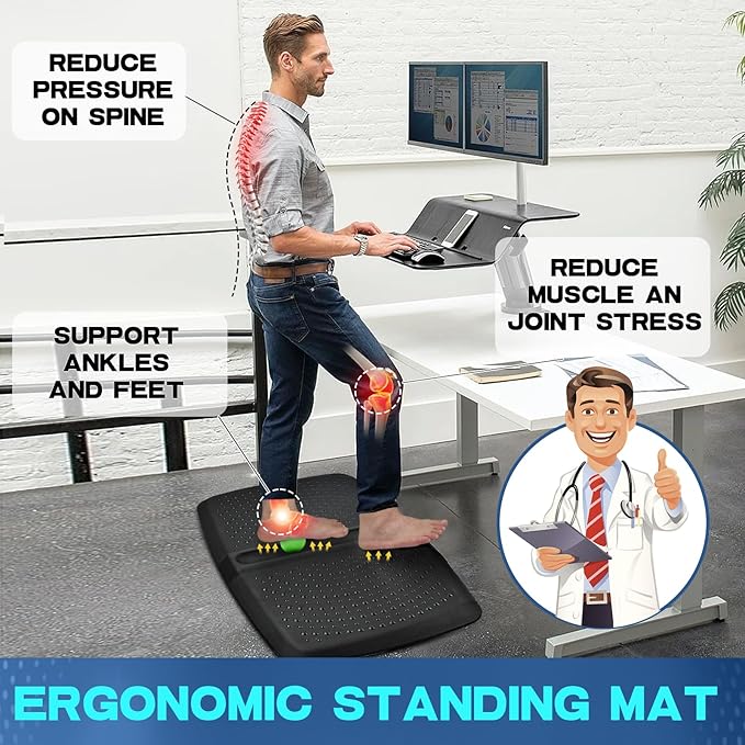 1 inch Thick Anti Fatigue Kitchen Mat Standing Mat with Massage Ball, Non Slip Standing Desk Mat with Massage Point, Multi-Purpose Comfort Floor Mat for Feet, Office, Home (Black, 17" x 28")