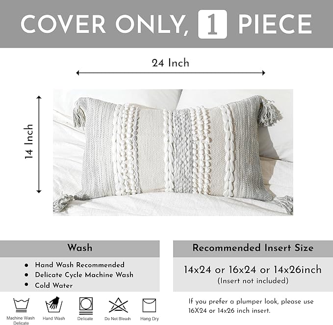 BlissBlush Gray Decorative Lumbar Pillow Cover 14x24, Boho Accent Throw Pillow Case for Couch Sofa Bed, Modern Farmhouse Textured Lumbar Cushion Bedroom Living Room, Cover ONLY