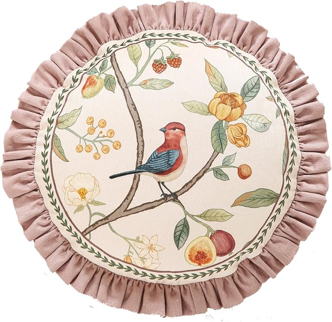 Pink Farmhouse Round Throw Pillow Covers, Birds and Flowers Pattern Cozy Velvet Pillowcases,Decoration Pillows Cushion Covers for Couch Sofa Bed Car Chair,Diameter 16"