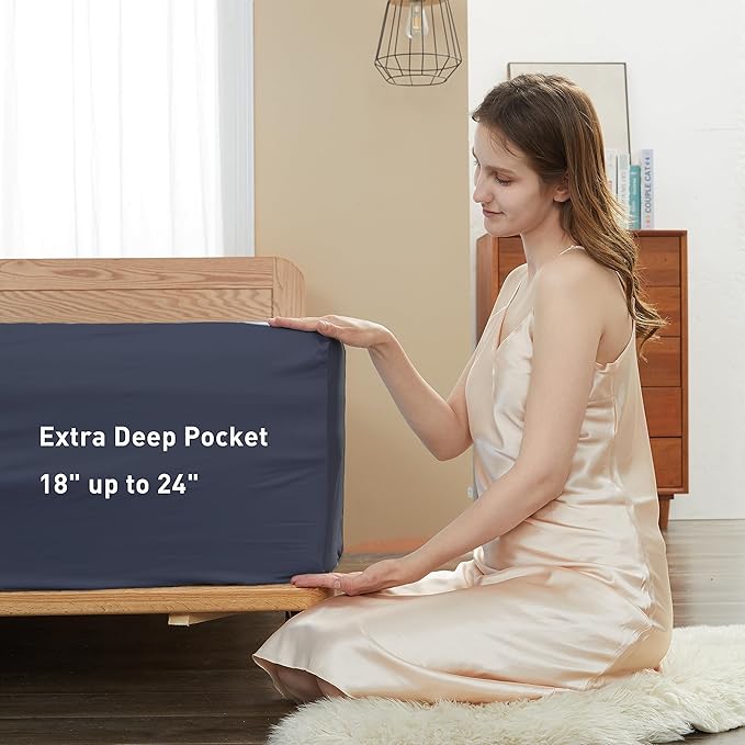 Sunflower Queen Fitted Sheet, 1-Piece Extra Deep Pocket Fitted Bottom Sheet 22", 100% Cotton Sateen Soft Breathable, Blue Indigo