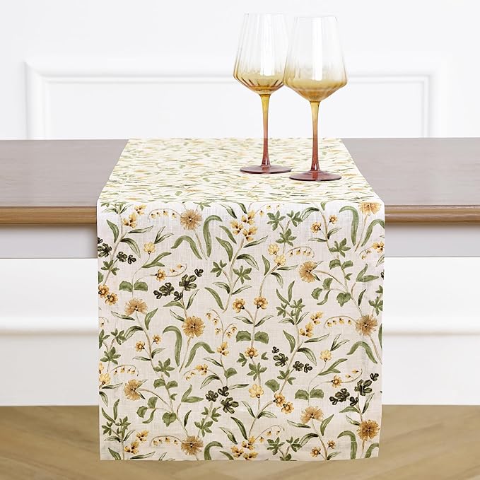 Solino Home 100% Pure Linen Table Runner 132 Inches Long - Multicolor Floral Print Table Runner 14 x 132 Inch - Handcrafted and Machine Washable - Fall Botanical Print