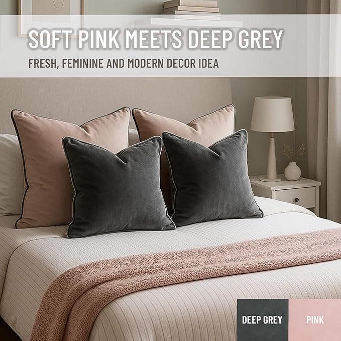 2 Pack Velvet Decorative Throw Pillow Covers, 18"x18", Deep Grey, Solid, Modern, Contrast Piping, Indoor Use, Bedroom & Living Room