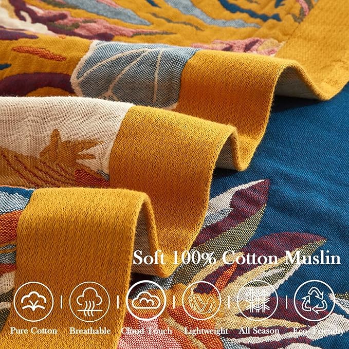 Teal Boho Blanket, 90"x98" Soft Farmhouse Decorative Throw Blanket, 100% Cotton Reversible Vintage Muslin Quilt Bohemian Decor Woven Blanket All Season Blankets for Sofa Couch Chair
