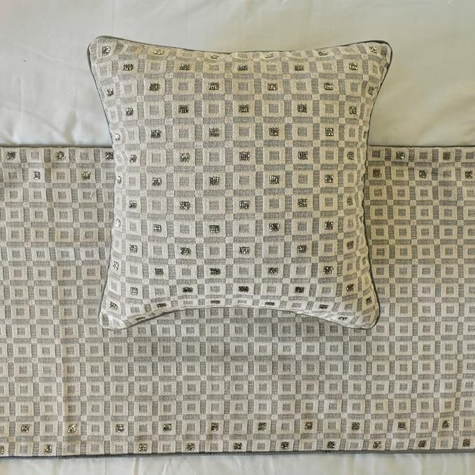 The HomeCentric King/Queen/Twin Grey Decorative King 90"x18" Bed Runner with 2 Pillow Cover, Checkered, Beaded, Hand Embroidery Bed Scarf on Velvet Fabric - The Brick Effect