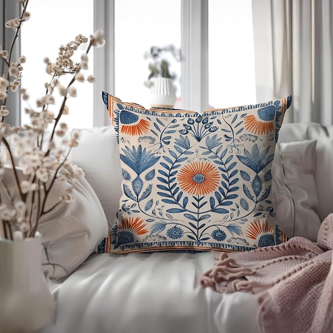 Vintage Boho Floral Print Throw Pillow Cover, Orange, Blue - Retro Rust Floral Decor Pillowcase, Indoor Outdoor Cushion Case for Sofa Couch Bed Living Room Bedroom Home (Blue&Orange, 18x18inch)