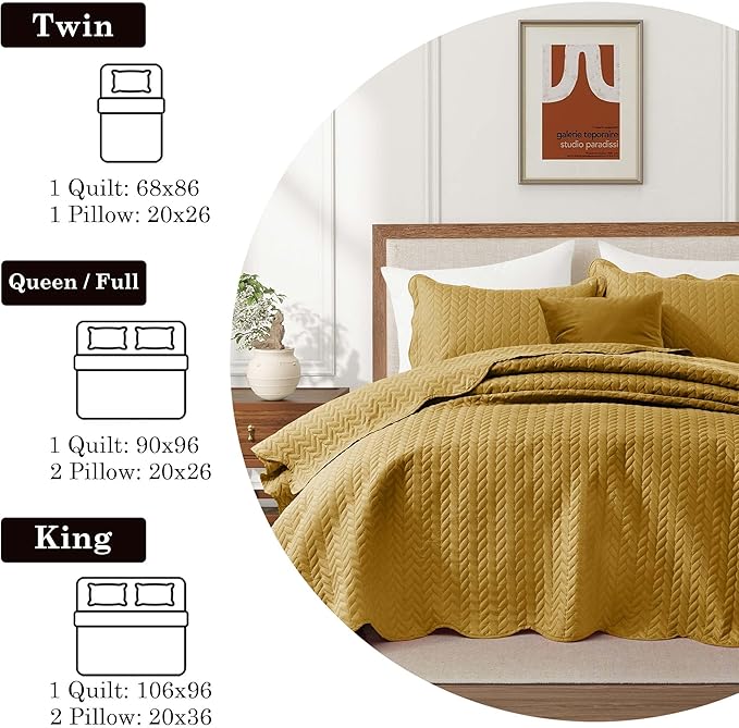 IR Imperial Rooms California King Quilt Bedding Set Size (118"x106") + 2 Pillow Shams (20" x 36"+ 2") - 3 Pcs All Season Reversible Microfiber Coverlet Embossed Quilt Bedspread (Ochre)
