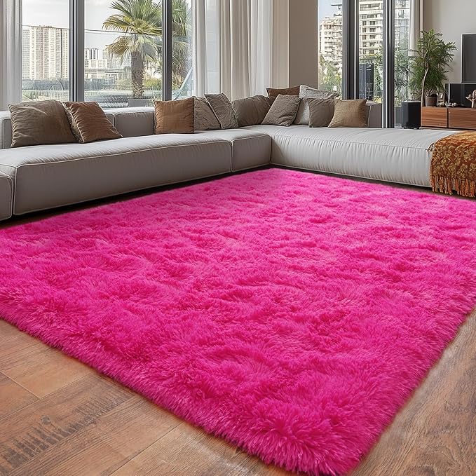 Large Fuzzy Rug 8x10 Feet Hot Pink Fluffy Rug for Living Room, Big Plush Non-Skid Shag Carpet, Soft Shaggy Rugs for Bedroom Indoor Modern Home Decor