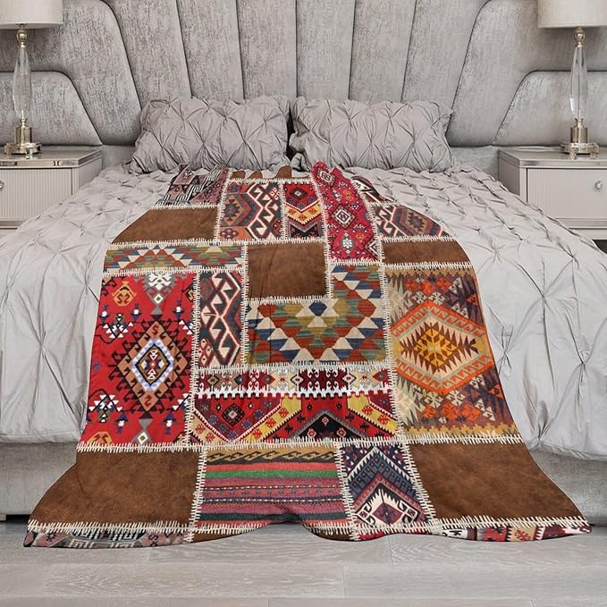 Southwest Aztec Throw Blanket, Native Bohemian Retro Patchwork Traditional Geometric Soft Flannel Blanket Warm Blankets for All Seasons, Bed Couch Sofa 50"x60"