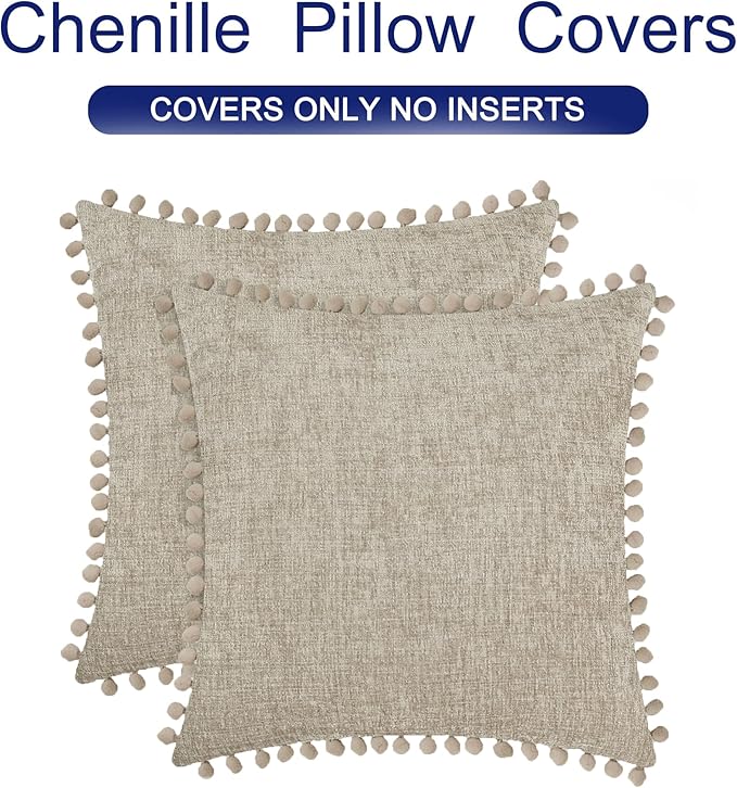 CaliTime Throw Pillow Covers Decorative 20 X 20 Inches Pack of 2 Cozy Solid Dyed Soft Chenille Cushion Cases with Pom Poms for Couch Sofa Bed Living Room Home Taupe