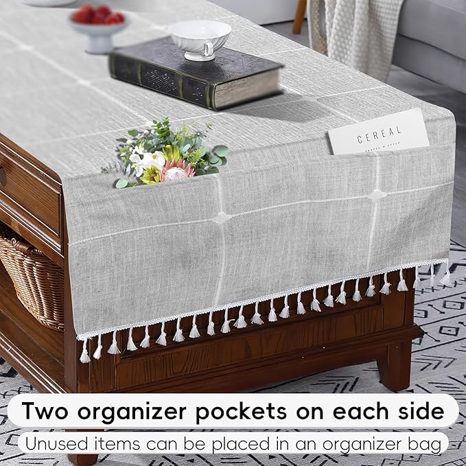 Coffee Table Cloth, Coffee Table Cover with Pockets and Tassel,Grey Grid for Living Room Small Rectangle Tablecloths Washer Dryer Fridge Top Dust Cover,Easy Care Machine Washable