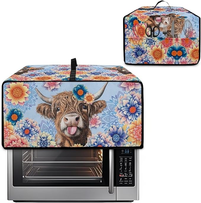 Microwave Oven Cover Heavy Duty Microwave Oven Dust Cover with Storage Pockets Dust-Proof Reusable Decor Accessories for Kitchen, Highland Cattle Boho Mandala Floral Print, S