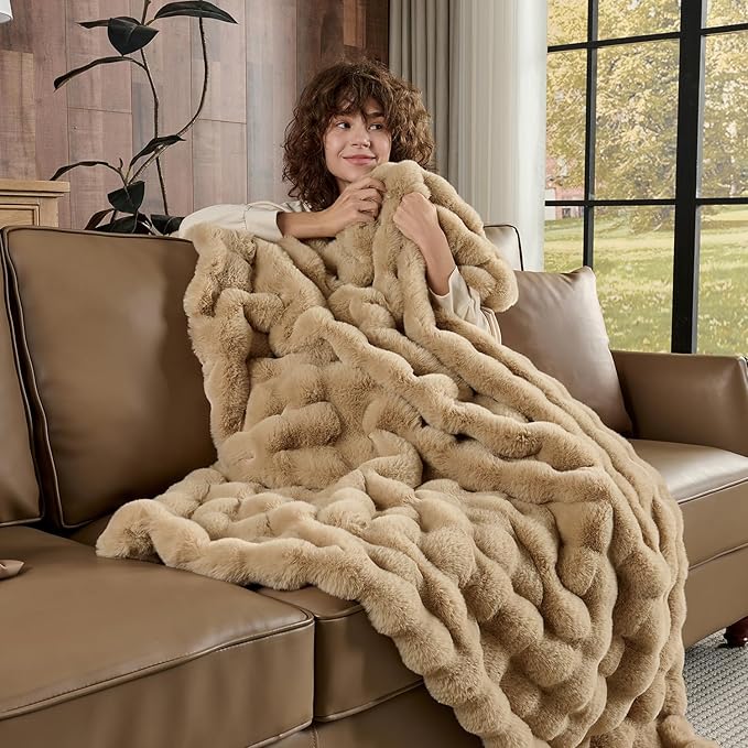 Lotus Karen Faux Fur Throw Blanket Khaki - Big Bubble Rabbit Fluff Blanket for Couch, Small Fluffy Fuzzy Cozy Blanket, Thick Furry Plush Shaggy Blankets, 50x60 Inches