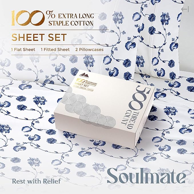 Mayfair Linen 100% Cotton Printed Bed Sheets Twin XL Set - 500 Thread Count Cotton Twin XL Sheets Only, 3 PC Set (Floral Blue), Soft, Cooling, Sateen Weave 16" Deep Pocket Dorm Room Bedsheet