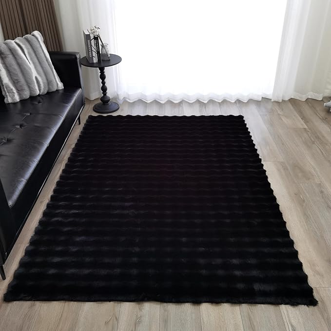 GLORY RUGS Area Rugs Bubble Soft Faux Rabbit Fur Rug 8x10 Polar Black Plush Carpet Shag Cozy Fluffy Rug Non Slip Rugs, Machine Washable Shaggy Area Rug Bedroom Living Room and Dining Room.