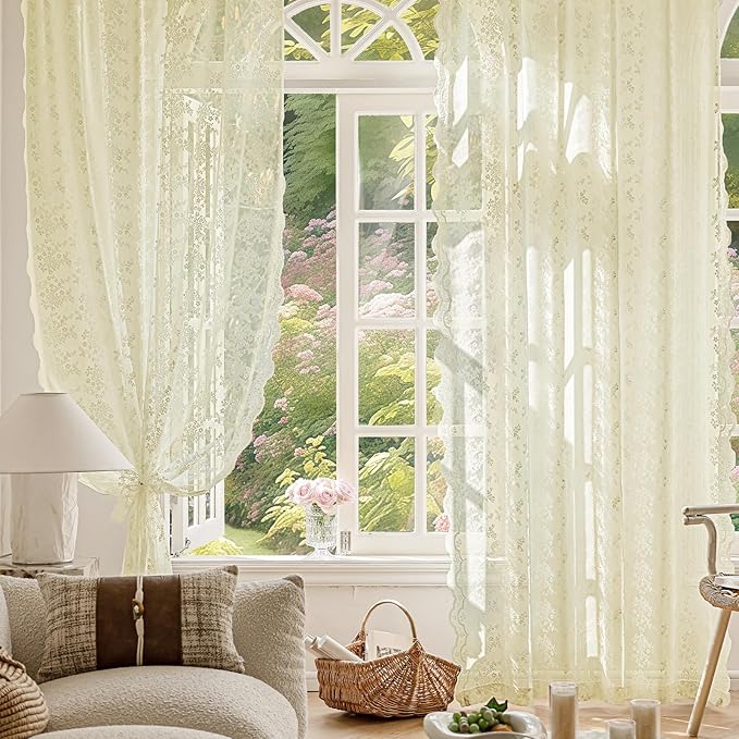 Anmao Vintage Lace Curtains 84 Inches Long 2 Panels Set, Romantic Elegant Light Filtering Semi Sheer Floral Thick Lacy Curtain Drapes for Living Room and Bedroom, Each Panel 55W x 84L, Cream Yellow