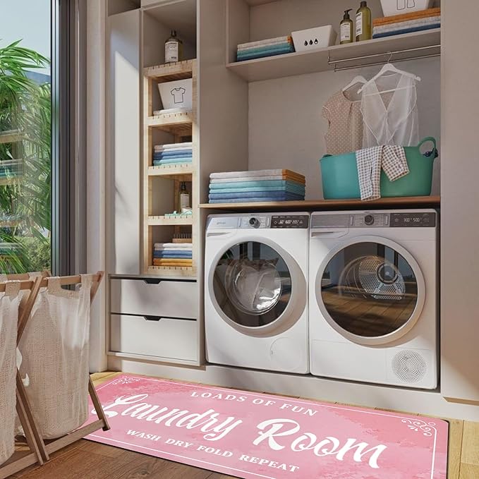 Laundry Room Rug Non Slip Floor mats Farmhouse Large Laundry Rugs for Pink Laundry Runner Room Mat Washer and Dryer Carpet Laundry Room Decor 20x47inch(Pink)