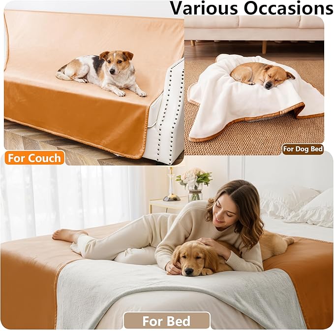 Waterproof Blanket for Bed, Leak Proof Dog Couch Blankets Reversible, Pet Throw Sofa Furniture Protector Machine Washable-82 x120,Orange+Cream