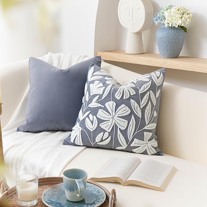 BlissBlush Blue Velvet Decorative Throw Pillow Cover 20X20, Flower Tufted Soft Farmhouse Textured Pillowcase, Accent Pillowcase for Couch Sofa Bed Living Room