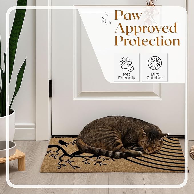 Coir Door Mats 17" X 30", Non-Slip Sturdy, PVC Backed Heavy Duty, Easy to Clean, Ideal for Door Entrance, Patio, Porch, Backyard, Garages, A Happy Family of Birds