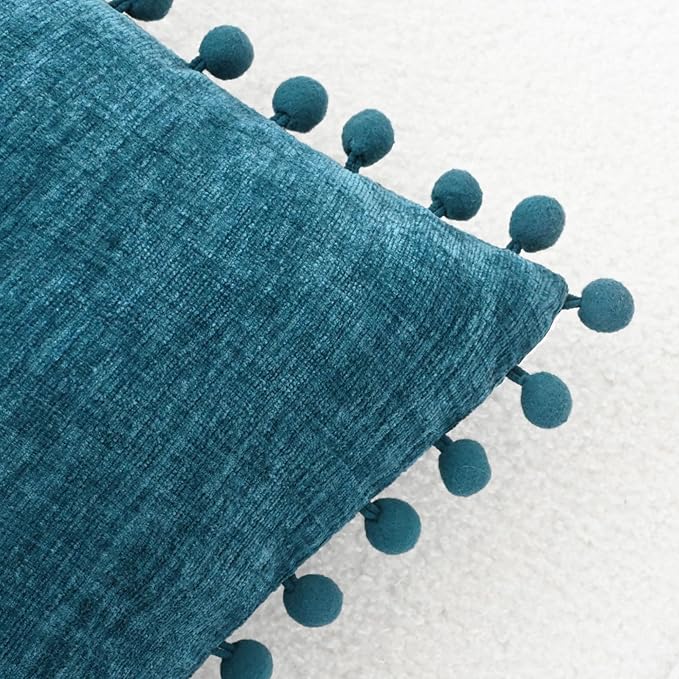 CaliTime Throw Pillow Covers Decorative 22 X 22 Inches Pack of 2 Cozy Solid Dyed Soft Chenille Cushion Cases with Pom Poms for Couch Sofa Bed Living Room Home Ocean Blue