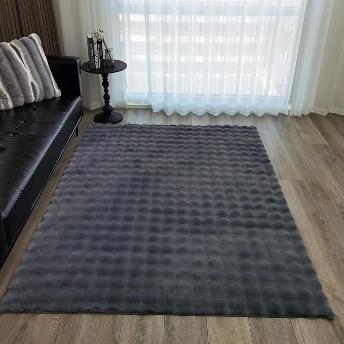 GLORY RUGS Area Rugs Bubble Soft Faux Rabbit Fur Rug 5x7 Polar Gray Plush Carpet Shag Cozy Fluffy Rug Non Slip Rugs, Machine Washable Shaggy Area Rug Bedroom Living Room and Dining Room.