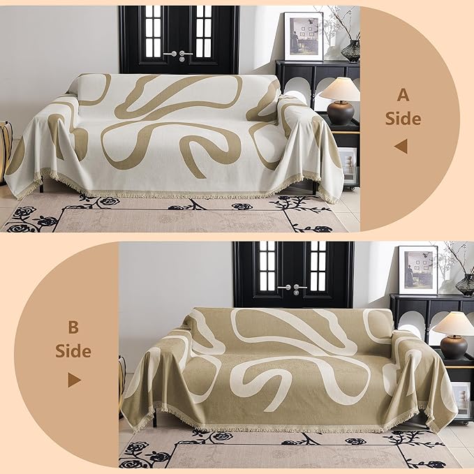 MYSKY HOME Couch Cover for 3 Cushion Couch Sofa Cover, Super Soft Boho Couch Covers for Dogs Washable, Jacquard Sofa Slipcover Furniture Protector for Living Room, 91" x 150", Khaki Curve