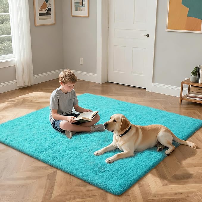 Teal Blue Rug Fluffy Rug, 10x14 Teal Area Rugs for Living Room, Soft Cute Baby Play Mat, Teal Rugs for Bedroom, Nursery, Preppy Dorm, Plush Aesthetic