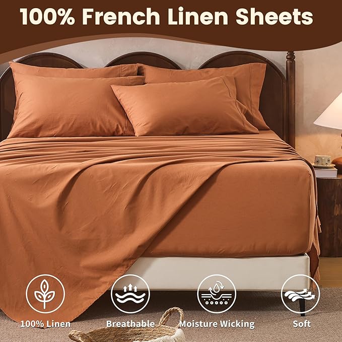 100% Linen Sheet Set Queen Size Extra Deep Pocket Fits 18-24 Inch Mattress, Breathable & Soft, Smooth 6-Piece Set for Thick Mattresses Hotel Luxury Bedding（Queen, Brown）